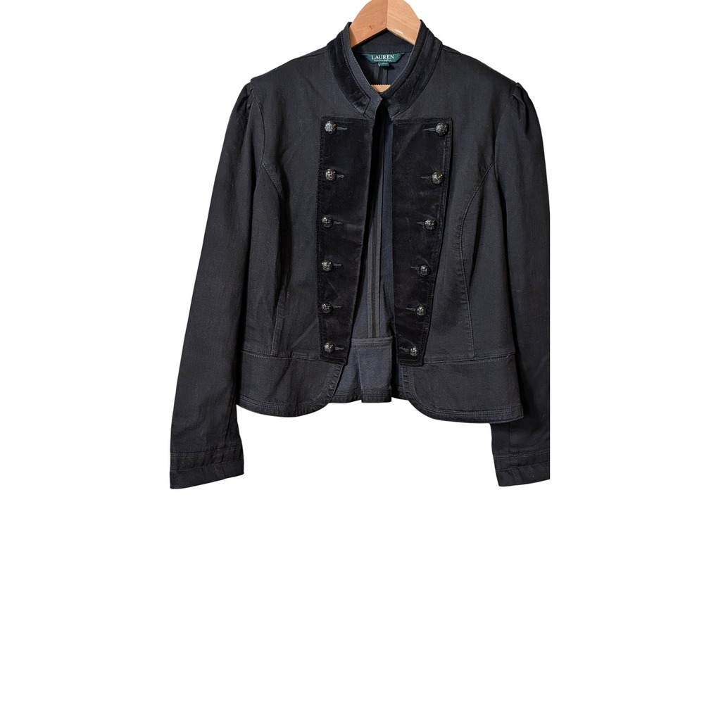 Lauren Ralph Lauren Womens Black Military Velvet Trim Crest Button Jacket 16